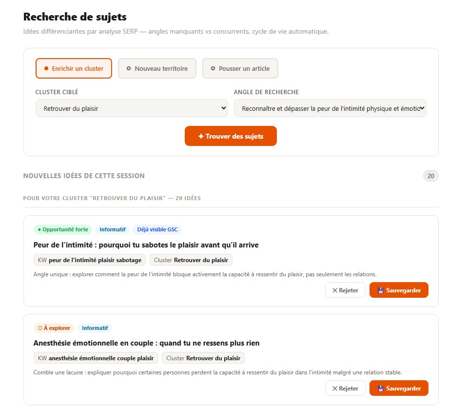 Recherche de sujets — idées différenciantes analysées par Watson