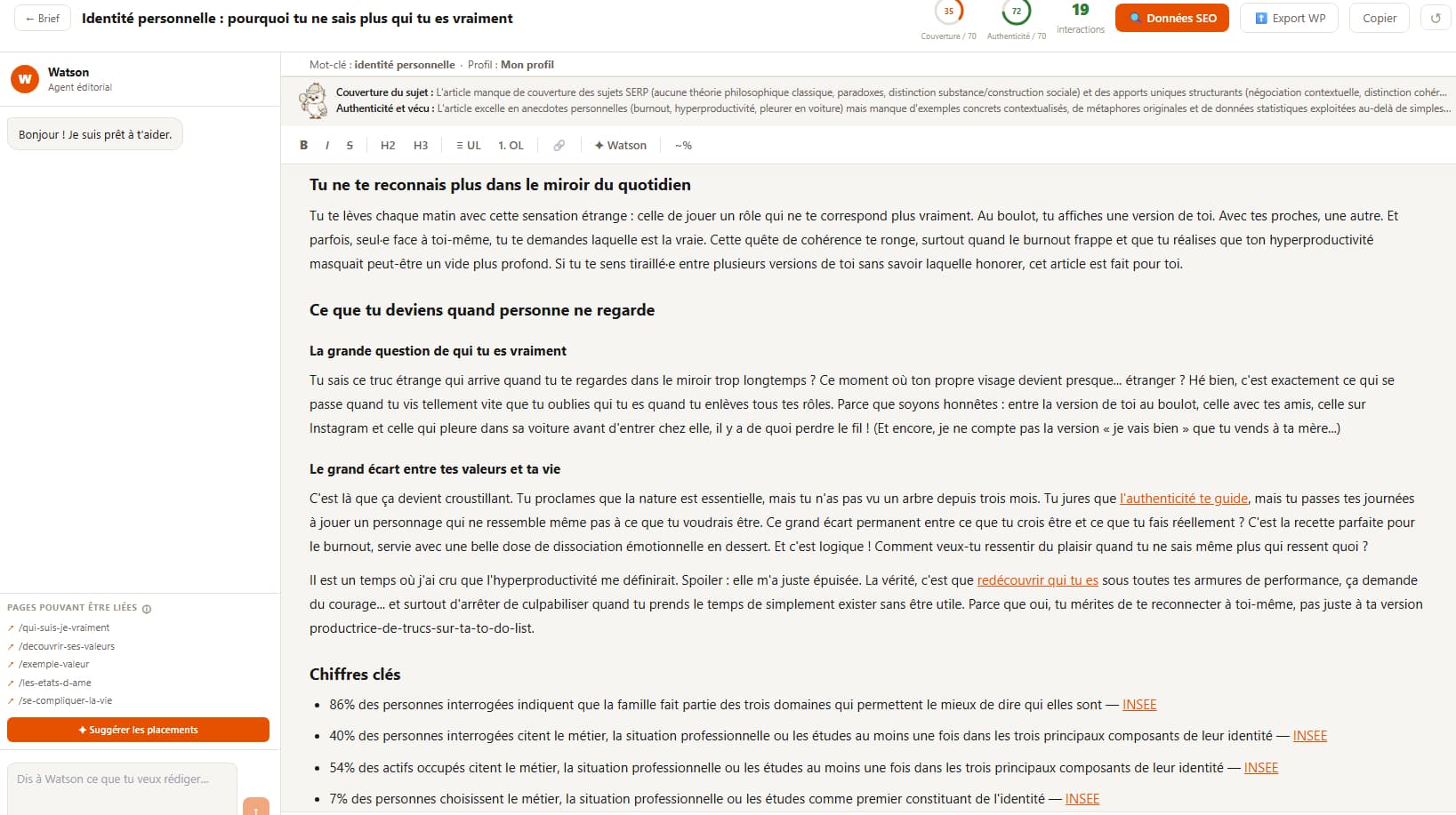 Éditeur Watson Éditorial — brief structuré, assistant Watson intégré, score de couverture