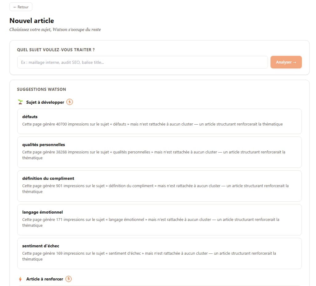 Nouvel article Watson Éditorial — suggestions basées sur les données GSC