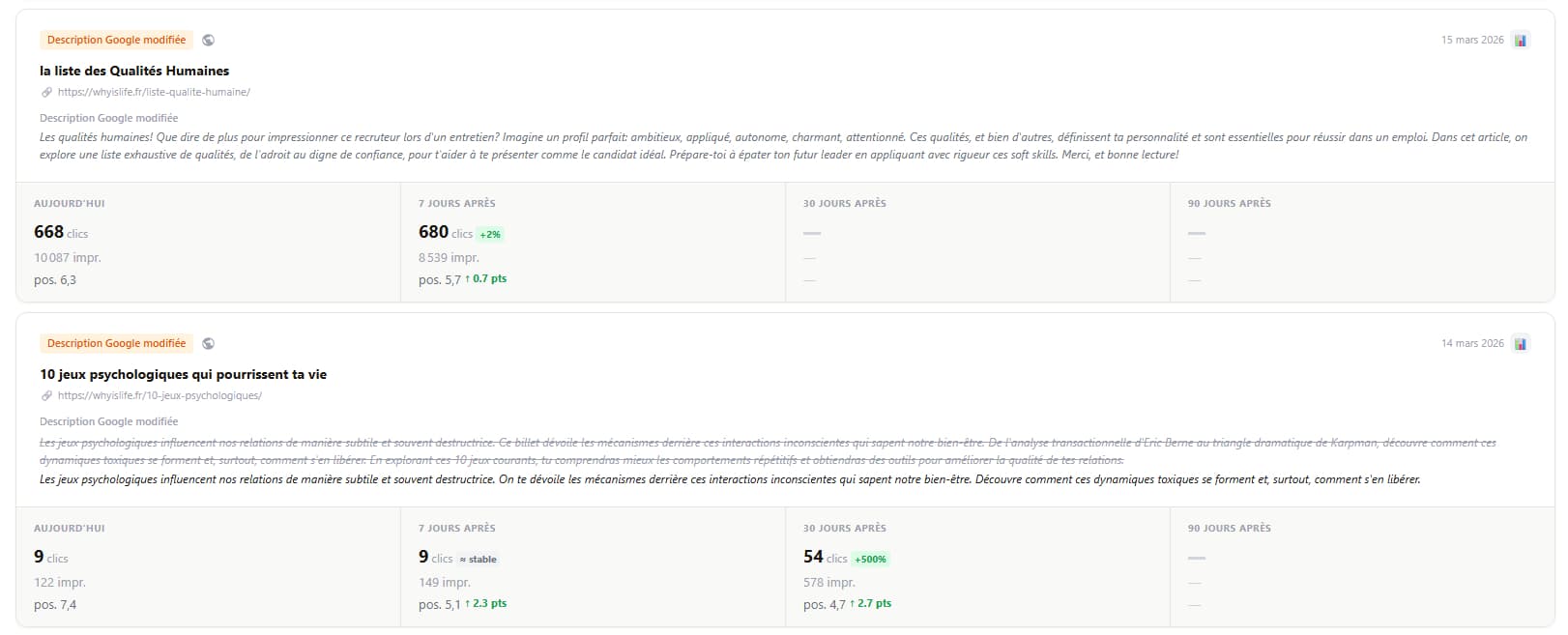 Historique Watson — 9 clics → 54 clics en 30 jours, +500%
