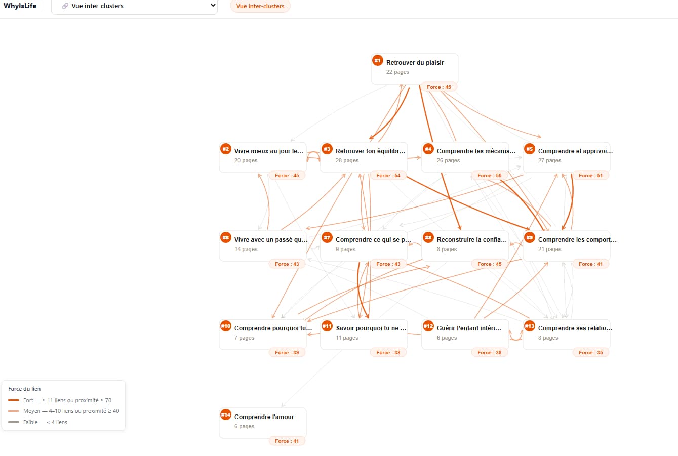 Vue inter-clusters — graphe réseau des thèmes et liens